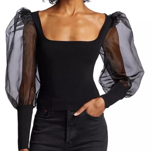 Alice + Olivia Tops - Alice and Olivia Abella Black Sheer Sleeve Puff Shoulder Long Sleeve Top